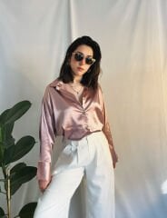 Pembe Parlak Saten Kumaş Gold Düğmeli Muadil Gömlek