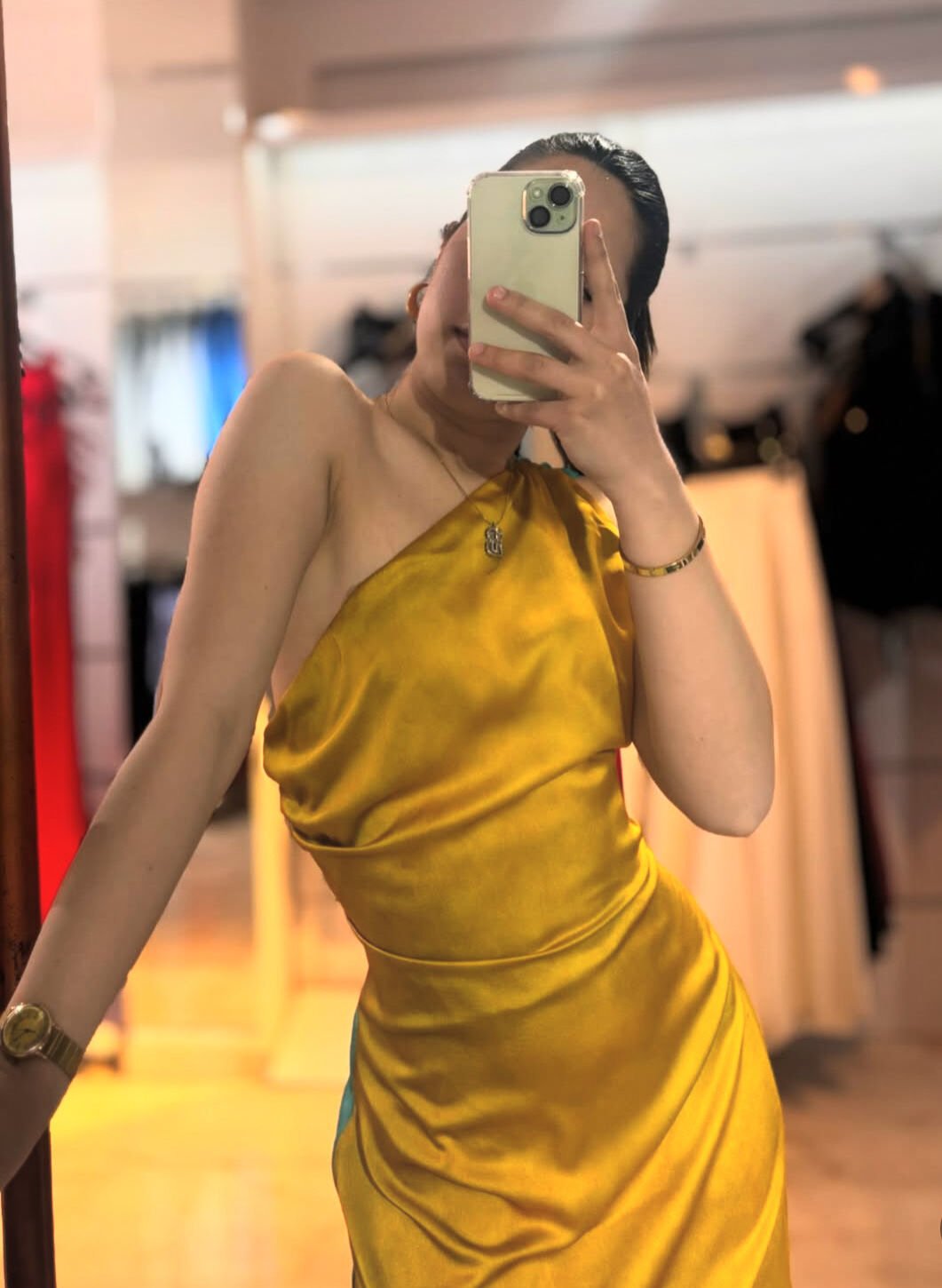 Renk Geçişli Ön Sarı Arka Mavi Sırt Dekolteli Tek Omuz Saten Midi Elbise