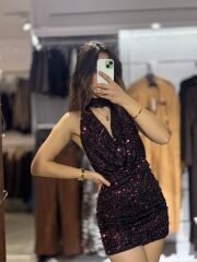 Payetli Sırt Dekolteli Mini Elbise