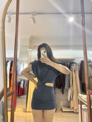 Antrasit Vatkalı Bel Dekolteli Mini Elbise