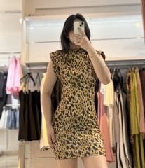 Vatkalı Esnek Kumaş Leopar Desen Elbise