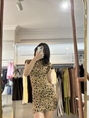 Vatkalı Esnek Kumaş Leopar Desen Elbise
