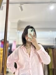 Keten Karışımlı Açık Pembe Gömlek