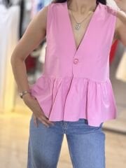 Pembe Orijinal Marka Model Poplin Kumaş Fırfırlı Tek Düğmeli Yelek