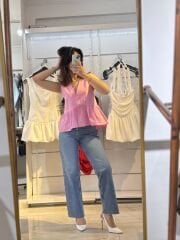 Pembe Orijinal Marka Model Poplin Kumaş Fırfırlı Tek Düğmeli Yelek