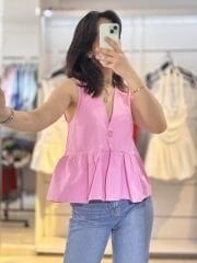 Pembe Orijinal Marka Model Poplin Kumaş Fırfırlı Tek Düğmeli Yelek