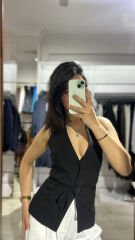 Siyah Sırt Dekolteli İp Kemer Tasarım Yelek