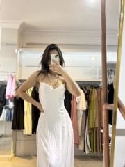 Beyaz Askılı Uzun Elbise