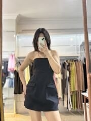 Siyah Straplez Cep Detay Mini Elbise