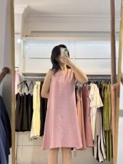 Pembe Keten Karışımlı Midi Elbise