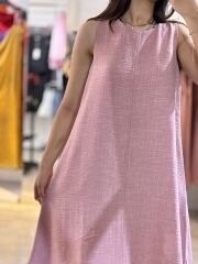 Pembe Keten Karışımlı Midi Elbise