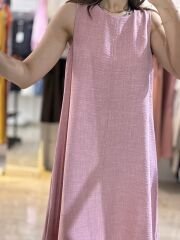 Pembe Keten Karışımlı Midi Elbise