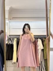 Pembe Keten Karışımlı Midi Elbise