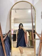 Lacivert Keten Karışımlı Midi Elbise