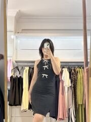 Siyah Fiyonk Detaylı Midi Elbise