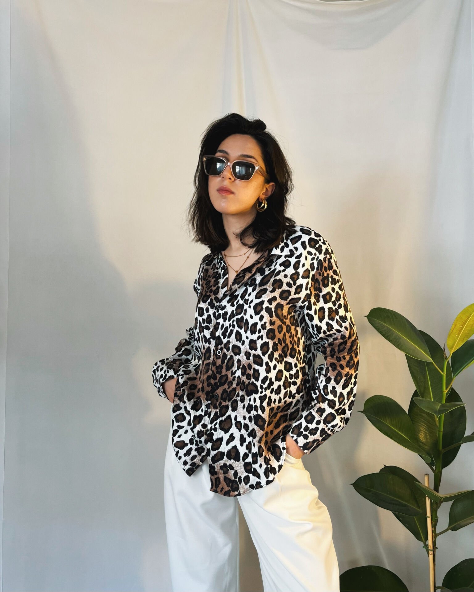 İpek & Saten Karışımlı Leopar Desen Gömlek