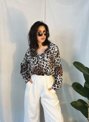 İpek & Saten Karışımlı Leopar Desen Gömlek