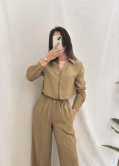 Tensel Modal Kumaş Gömlek Pantolon Takım Yağ Yeşili