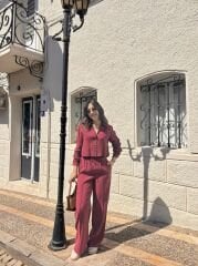 Tensel Modal Kumaş Gömlek Pantolon Takım Bordo