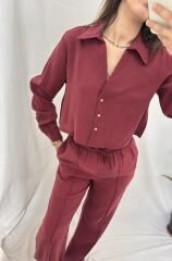 Tensel Modal Kumaş Gömlek Pantolon Takım Bordo