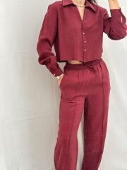 Tensel Modal Kumaş Gömlek Pantolon Takım Bordo