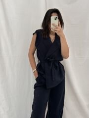 Tensel Modal Kumaş Yelek-Pantolon Takım Lacivert