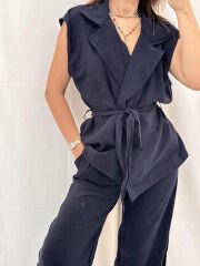 Tensel Modal Kumaş Yelek-Pantolon Takım Lacivert