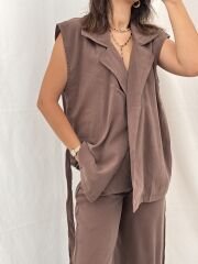 Tensel Modal Kumaş Yelek-Pantolon Takım Kahve