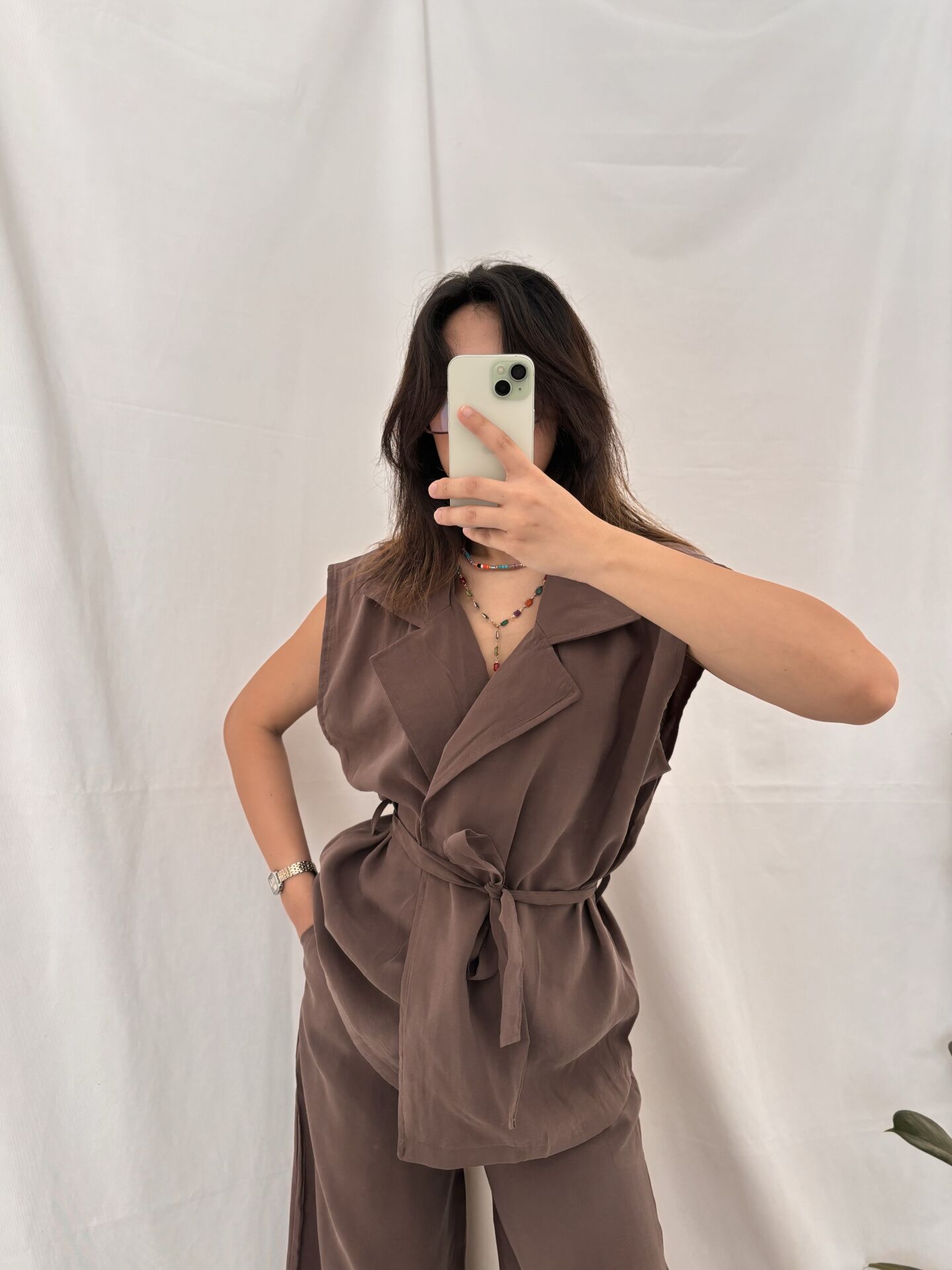 Tensel Modal Kumaş Yelek-Pantolon Takım Kahve