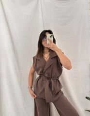 Tensel Modal Kumaş Yelek-Pantolon Takım Kahve