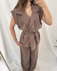Tensel Modal Kumaş Yelek-Pantolon Takım Kahve
