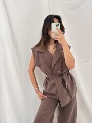 Tensel Modal Kumaş Yelek-Pantolon Takım Kahve