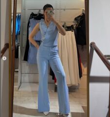 Mavi Kruvaze Yaka Yelek-Pantolon (Yırtmaçlı) Kumaş Takım