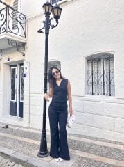 Siyah Kruvaze Yaka Yelek-Pantolon (Yırtmaçlı) Kumaş Takım