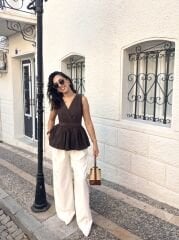 Massi Poplin Kumaş Kuşaklı Fırfır Detay Yelek-Bluz