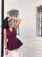 Massi Poplin Kumaş Kuşaklı Fırfır Detay Yelek-Bluz Bordo